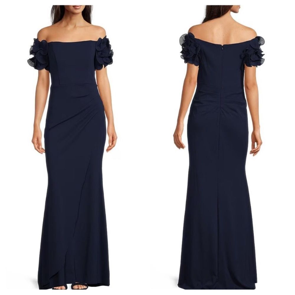 Xscape Rosette Off The Shoulder Short Sleeve Ruffle Rutched Waist Navy Gown